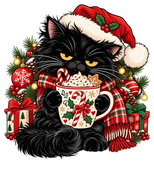 Grumpy Black Christmas Cat